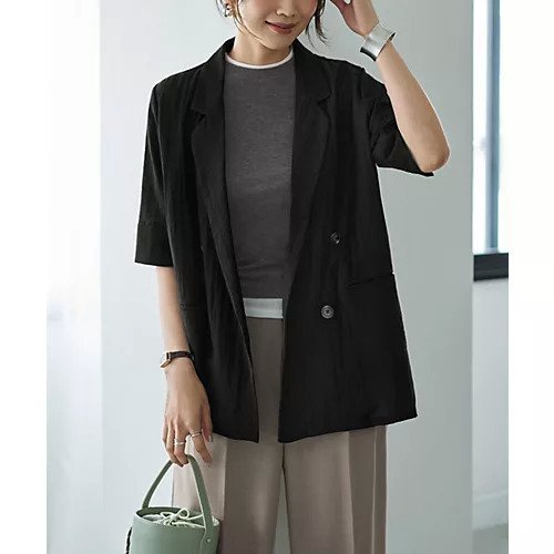 【スタイルデリ/STYLE DELI】の微光沢表面シボ感ダブルジャケットB インテリア・キッズ・メンズ・レディースファッション・服の通販 founy(ファニー) 　ファッション　Fashion　レディースファッション　WOMEN　アウター　Coat Outerwear　ジャケット　Jackets　イエロー　Yellow　シアー　Sheer　ジャケット　Jacket　ストレート　Straight　スリット　Slit　ダブル　Double　テーラード　Tailored　定番　Standard　人気　Popularity　バランス　Balance　フロント　Front　ポケット　Pocket　半袖　Short Sleeve　マーブル　Marble　夏　Summer　ブラック|ID: prp329100004584475 ipo3291000000032500177
