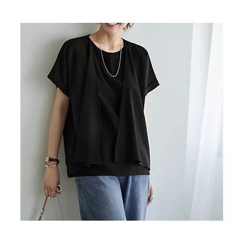 【スタイルデリ/STYLE DELI】のセットレイヤード風ドレープブラウス インテリア・キッズ・メンズ・レディースファッション・服の通販 founy(ファニー) 　ファッション　Fashion　レディースファッション　Ladies' Fashion Online　トップス・カットソー　Tops/Tshirt　シャツ/ブラウス　Shirts/Blouses　イエロー　Yellow　オレンジ　Orange　シンプル　Simple　ストレート　Straight　スリット　Slit　ドッキング　Docking　ドレープ　Drape　定番　Standard　なめらか　Smooth　ノースリーブ　No Sleeve　バランス　Balance　ポケット　Pocket　半袖　Short Sleeve　無地　Plain Color　ラウンド　Round　ワイド　Wide　夏　Summer　ビジネス 仕事 通勤　Business　ブラック|ID: prp329100004586538 ipo3291000000032522767