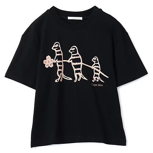 【プレインピープル/PLAIN PEOPLE】のミーアキャットプリントTシャツ インテリア・キッズ・メンズ・レディースファッション・服の通販 founy(ファニー) 　ファッション　Fashion　レディースファッション　Ladies' Fashion Online　トップス・カットソー　Tops/Tshirt　シャツ/ブラウス　Shirts/Blouses　ロング / Tシャツ　T-Shirts　アニマル　Animal　クロップド　Cropped　プリント　Print　洗える　Washable　ブラック|ID: prp329100004586541 ipo3291000000032522785