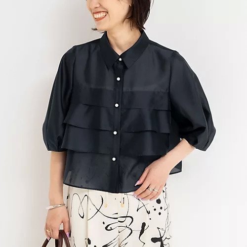 【ノーリーズ/NOLLEY'S】のシアーシルキーパール釦フリルブラウス インテリア・キッズ・メンズ・レディースファッション・服の通販 founy(ファニー) 　ファッション　Fashion　レディースファッション　Fashion for Women　トップス・カットソー　Cut & Sew Tops　シャツ・ブラウス・オフィスカジュアル　Elegant Blouses & Button-Ups　2025年　2025　2025-2026秋冬・A/W　Autumn/Winter 2025–26 AW25–26　インナー　Innerwear　ショート　Short, Short Length　シルク　Silk, 100% Silk　ジャケット　Jacket, Outerwear　バランス　Balance, Style Balance　パール　Pearl, Pearl Accent　フリル　Frill, Ruffle　ボトム　Bottoms, Lower Wear　エレガント 上品　Elegant　ネイビー|ID: prp329100004587619 ipo3291000000032718506