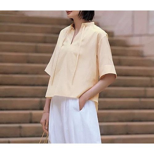 【イーバイエクラ/E by eclat】のバンドカラー細ボウタイブラウス 人気、トレンドファッション・服の通販 founy(ファニー) 　ファッション　Fashion　レディースファッション　Ladies' Fashion Online　トップス・カットソー　Tops/Tshirt　シャツ/ブラウス　Shirts/Blouses　エレガント 上品　Elegant　ギャザー　Gather　スリット　Slit　ボックス　Box　ワイド　Wide　夏　Summer　洗える　Washable　other-2|ID: prp329100004598389 ipo3291000000032685144