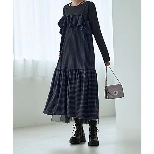 【スタイルデリ/STYLE DELI】のピンストライプ柄キャミ型ジャンパースカート インテリア・キッズ・メンズ・レディースファッション・服の通販 founy(ファニー) 　ファッション　Fashion　レディースファッション　Fashion for Women　スカート　Skirts　インナー　Innerwear　キャミ　Camisole, Cami Top　キャミソール　Camisole, Spaghetti Strap Top　切替　Switching, Contrast Panel　ストライプ　Stripe, Striped Pattern　ストレッチ　Stretch, Stretchy Fabric　スーツ　Suit, Formalwear　ノースリーブ　Sleeveless, No-Sleeve　長袖　Long Sleeve, Full Sleeve　バランス　Balance, Style Balance　フリル　Frill, Ruffle　ポケット　Pocket, Pocket Detail　ラップ　Wrap, Wrap Design　夏　Summer　ネイビー|ID: prp329100004600406 ipo3291000000032703520