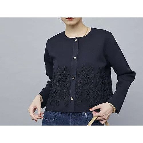 【ノーリーズ/NOLLEY'S】のレース付きクルーネックカーディガン インテリア・キッズ・メンズ・レディースファッション・服の通販 founy(ファニー) 　ファッション　Fashion　レディースファッション　Fashion for Women　トップス・カットソー　Cut & Sew Tops　カーディガン・羽織り　Layered Style Cardigans　2025年　2025　2025-2026秋冬・A/W　Autumn/Winter 2025–26 AW25–26　カーディガン　Cardigan, Knitwear　ショート　Short, Short Length　フレア　Flare, Flared　ベスト　Vest, Waistcoat　ペプラム　Peplum, Flared Hem　ミラノリブ　Milano Rib, Milano Stitch　モチーフ　Motif, Design Theme　レース　Lace, Lace Fabric　エレガント 上品　Elegant　ネイビー|ID: prp329100004601524 ipo3291000000032716179