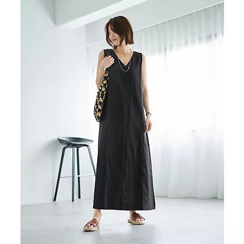 【スタイルデリ/STYLE DELI】の麻100%Vネック縦ハギワンピース インテリア・キッズ・メンズ・レディースファッション・服の通販 founy(ファニー) 　ファッション　Fashion　レディースファッション　Fashion for Women　ワンピース　Dresses　イエロー　Yellow　インナー　Innerwear　春　Spring　くるぶし　Ankle-Length　カットソー　Cut and Sewn Top　吸水　Absorbent, Quick-Dry　シンプル　Simple, Minimal　スリット　Slit, Slit Detail　タンク　Tank Top, Sleeveless Top　ネップ　Nepp, Slub Yarn　ノースリーブ　Sleeveless, No-Sleeve　パターン　Pattern, Design Print　フロント　Front, Front Design　ポケット　Pocket, Pocket Detail　半袖　Short Sleeve, Half Sleeve　リネン　Linen, Linen Fabric　ロング　Long, Long-Length　S/S・春夏　SS, Spring/Summer, Warm Season　夏　Summer　ブラック|ID: prp329100004604831 ipo3291000000032770749