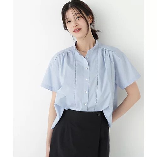 【ヒューマンウーマン/HUMAN WOMAN】のタイプライターブラウス インテリア・キッズ・メンズ・レディースファッション・服の通販 founy(ファニー) 　ファッション　Fashion　レディースファッション　Fashion for Women　トップス・カットソー　Cut & Sew Tops　シャツ・ブラウス・オフィスカジュアル　Elegant Blouses & Button-Ups　おすすめ　Recommended / Our Picks　ギャザー　Gathered, Ruffled　コンパクト　Compact, Small Size　スタンダード　Standard, Basic　タイプライター　Typewriter Fabric, Crisp Cotton　フロント　Front, Front Design　ボトム　Bottoms, Lower Wear　レース　Lace, Lace Fabric　エレガント 上品　Elegant　半袖　Short Sleeve, Half Sleeve　夏　Summer　ライトブルー|ID: prp329100004614034 ipo3291000000033034933