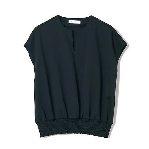 【イーバイエクラ/E by eclat】のキーネック裾ギャザートップス インテリア・キッズ・メンズ・レディースファッション・服の通販 founy(ファニー) 　ファッション　Fashion　レディースファッション　Fashion for Women　トップス・カットソー　Cut & Sew Tops　なめらか　Smooth, Silky Texture　シャーリング　Shirring, Ruched　シルケット　Silket, Silky Cotton　スリーブ　Sleeve, Long Sleeve / Short Sleeve　フレンチ　French, French Style　エレガント 上品　Elegant　洗える　Machine Washable　ブラック|ID: prp329100004626290 ipo3291000000033243685