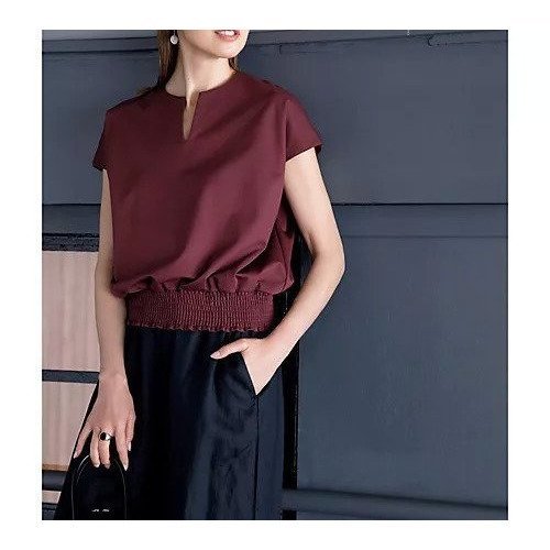 【イーバイエクラ/E by eclat】のキーネック裾ギャザートップス 人気、トレンドファッション・服の通販 founy(ファニー) 　ファッション　Fashion　レディースファッション　Fashion for Women　トップス・カットソー　Cut & Sew Tops　なめらか　Smooth, Silky Texture　シャーリング　Shirring, Ruched　シルケット　Silket, Silky Cotton　スリーブ　Sleeve, Long Sleeve / Short Sleeve　フレンチ　French, French Style　エレガント 上品　Elegant　洗える　Machine Washable　other-2|ID: prp329100004626290 ipo3291000000033243688