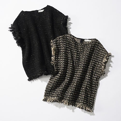 【イーバイエクラ/E by eclat】のツイード風ニットトップス 人気、トレンドファッション・服の通販 founy(ファニー) 　ファッション　Fashion　レディースファッション　Fashion for Women　トップス・カットソー　Cut & Sew Tops　ニット　Knit Tops & Sweaters　ツイード　Twill, Twill Weave　フリンジ　Fringe, Tassel　エレガント 上品　Elegant　other-2|ID: prp329100004626305 ipo3291000000033314596