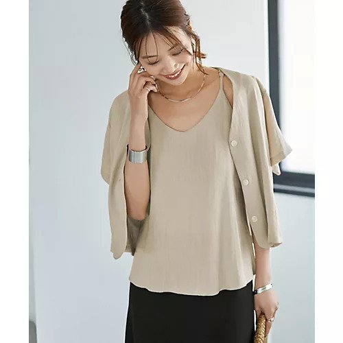 【スタイルデリ/STYLE DELI】の麻調綿混素材の羽織りキャミセット インテリア・キッズ・メンズ・レディースファッション・服の通販 founy(ファニー) 　ファッション　Fashion　レディースファッション　Fashion for Women　トップス・カットソー　Cut & Sew Tops　キャミソール&ノースリーブ　Camisoles & Sleeveless Tops　秋　Autumn　キャミ　Camisole, Cami Top　キャミソール　Camisole, Spaghetti Strap Top　ジャケット　Jacket, Outerwear　ストレート　Straight, Straight Cut　スリット　Slit, Slit Detail　セットアップ　Set-Up, Coordinated Outfit　デコルテ　Décolleté, Neckline　フォルム　Silhouette, Form　フロント　Front, Front Design　ポケット　Pocket, Pocket Detail　半袖　Short Sleeve, Half Sleeve　マーブル　Marble, Marble Pattern　ロング　Long, Long-Length　ワイド　Wide, Wide Fit　夏　Summer　ライトベージュ|ID: prp329100004629395 ipo3291000000033286180