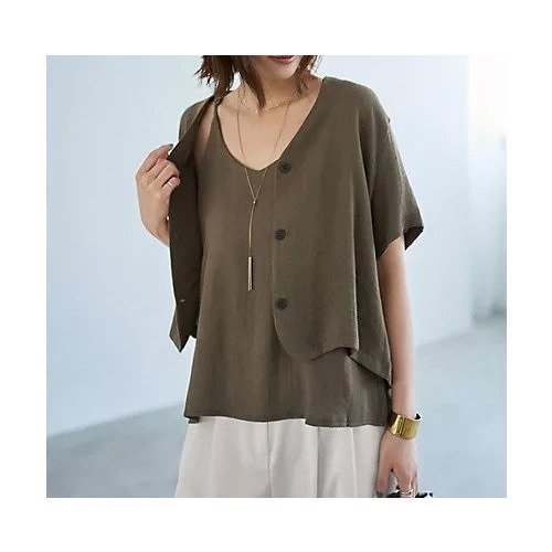 【スタイルデリ/STYLE DELI】の麻調綿混素材の羽織りキャミセット 人気、トレンドファッション・服の通販 founy(ファニー) 　ファッション　Fashion　レディースファッション　Fashion for Women　トップス・カットソー　Cut & Sew Tops　キャミソール&ノースリーブ　Camisoles & Sleeveless Tops　秋　Autumn　キャミ　Camisole, Cami Top　キャミソール　Camisole, Spaghetti Strap Top　ジャケット　Jacket, Outerwear　ストレート　Straight, Straight Cut　スリット　Slit, Slit Detail　セットアップ　Set-Up, Coordinated Outfit　デコルテ　Décolleté, Neckline　フォルム　Silhouette, Form　フロント　Front, Front Design　ポケット　Pocket, Pocket Detail　半袖　Short Sleeve, Half Sleeve　マーブル　Marble, Marble Pattern　ロング　Long, Long-Length　ワイド　Wide, Wide Fit　夏　Summer　other-3|ID: prp329100004629395 ipo3291000000033286185