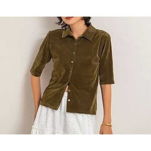 【ノーリーズ/NOLLEY'S】の【MAQWEL/マクウェル】ウォッシャブルベロア半袖シャツ インテリア・キッズ・メンズ・レディースファッション・服の通販 founy(ファニー) 　ファッション　Fashion　レディースファッション　Fashion for Women　トップス・カットソー　Cut & Sew Tops　シャツ・ブラウス・オフィスカジュアル　Elegant Blouses & Button-Ups　ベロアトップス　Velour Tops / Velvet-Look Items　2025年　2025　2025-2026秋冬・A/W　Autumn/Winter 2025–26 AW25–26　ストレッチ　Stretch, Stretchy Fabric　セットアップ　Set-Up, Coordinated Outfit　ベロア　Velour, Soft Velvet　エレガント 上品　Elegant　半袖　Short Sleeve, Half Sleeve　夏　Summer　羽織　Haori, Light Jacket　カーキ|ID: prp329100004632808 ipo3291000000033771268