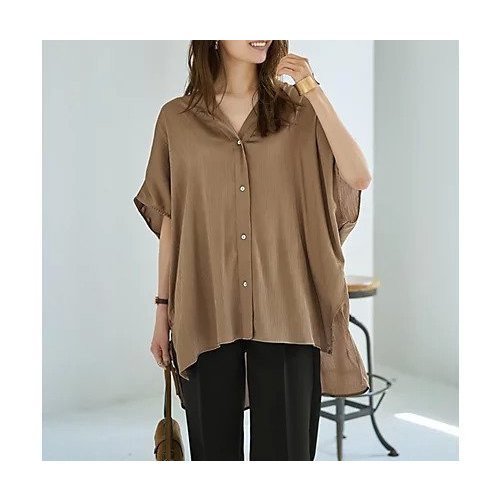 【スタイルデリ/STYLE DELI】の【LUXE】楊柳ゆったりVネックブラウスB インテリア・キッズ・メンズ・レディースファッション・服の通販 founy(ファニー) 　ファッション　Fashion　レディースファッション　Fashion for Women　トップス・カットソー　Cut & Sew Tops　シャツ・ブラウス・オフィスカジュアル　Elegant Blouses & Button-Ups　Vネックトップス　V-Neck Tops / V-Cut Neckline Shirts　イエロー　Yellow　エアリー　Airy Texture　秋　Autumn　サロペット　Overalls, Salopette　シルバー　Silver, Metallic Silver　ストライプ　Stripe, Striped Pattern　ストレート　Straight, Straight Cut　スリット　Slit, Slit Detail　とろみ　Fluid, Flowy Fabric　ドレープ　Drape, Draping Fabric　定番　Standard, Basic Item　人気　Popular, Best Seller　長袖　Long Sleeve, Full Sleeve　ベスト　Vest, Waistcoat　ポケット　Pocket, Pocket Detail　冬　Winter / This Winter　夏　Summer　エレガント 上品　Elegant　ブライトカーキ|ID: prp329100004642606 ipo3291000000033487516