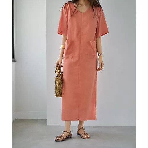 【スタイルデリ/STYLE DELI】のファスナースリット麻混Vネックワンピース インテリア・キッズ・メンズ・レディースファッション・服の通販 founy(ファニー) 　ファッション　Fashion　レディースファッション　Fashion for Women　ワンピース　Dresses　オレンジ　Orange　秋　Autumn　カーディガン　Cardigan, Knitwear　ジャケット　Jacket, Outerwear　スニーカー　Sneakers, Trainers　スリット　Slit, Slit Detail　デコルテ　Décolleté, Neckline　ピーチ　Peach, Soft Touch　フロント　Front, Front Design　ペチコート　Petticoat, Underskirt　ポケット　Pocket, Pocket Detail　ライダース　Riders　ワイド　Wide, Wide Fit　冬　Winter / This Winter　夏　Summer　ピーチオレンジ|ID: prp329100004642613 ipo3291000000033487579