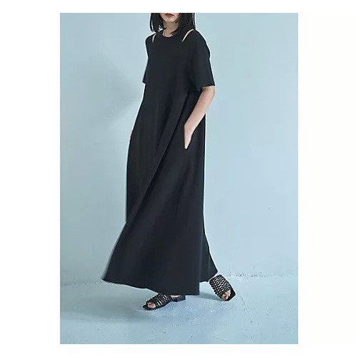 【マージュール/marjour】のSHOULDER SLIT HALF SLEEVE DRESS インテリア・キッズ・メンズ・レディースファッション・服の通販 founy(ファニー) 　ファッション　Fashion　レディースファッション　Fashion for Women　トップス・カットソー　Cut & Sew Tops　ワンピース　Dresses　フォーマル・パーティードレス・結婚式用ドレス　Elegant & Casual Dresses　インナー　Innerwear　シンプル　Simple, Minimal　ストレッチ　Stretch, Stretchy Fabric　スリット　Slit, Slit Detail　とろみ　Fluid, Flowy Fabric　フレア　Flare, Flared　ポケット　Pocket, Pocket Detail　ロング　Long, Long-Length　BLACK|ID: prp329100004648602 ipo3291000000033563349