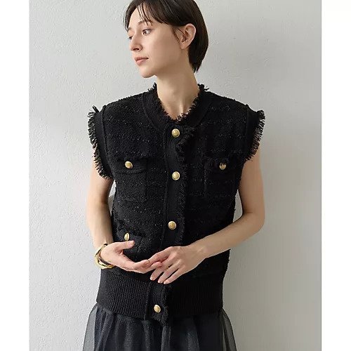 【ウィムガゼット/Whim Gazette】のツィードニットジレ インテリア・キッズ・メンズ・レディースファッション・服の通販 founy(ファニー) 　ファッション　Fashion　レディースファッション　Fashion for Women　アウター　Coat / Outerwear Collection　トップス・カットソー　Cut & Sew Tops　ニット　Knit Tops & Sweaters　ベスト&ジレ / 重ね着スタイル　Vests & Gilets　クラシカル　Classical, Vintage-Inspired　クラシック　Classic, Timeless Style　ツイード　Twill, Twill Weave　ベスト　Vest, Waistcoat　ミックス　Mix, Mixed Style　モダン　Modern, Contemporary　ラグジュアリー　Luxury, Elegant　2025年　2025　2025-2026秋冬・A/W　Autumn/Winter 2025–26 AW25–26　ブラック|ID: prp329100004649861 ipo3291000000033589708