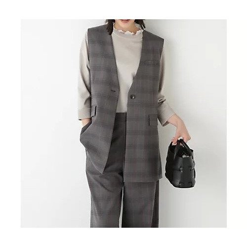 【ヒューマンウーマン/HUMAN WOMAN】の強撚シャークスキンノーカラージレ インテリア・キッズ・メンズ・レディースファッション・服の通販 founy(ファニー) 　ファッション　Fashion　レディースファッション　Fashion for Women　アウター　Coat / Outerwear Collection　トップス・カットソー　Cut & Sew Tops　ベスト&ジレ / 重ね着スタイル　Vests & Gilets　おすすめ　Recommended / Our Picks　スタンダード　Standard, Basic　ストレッチ　Stretch, Stretchy Fabric　セットアップ　Set-Up, Coordinated Outfit　チェック　Check, Plaid, Tartan　ベスト　Vest, Waistcoat　エレガント 上品　Elegant　グレーチェック|ID: prp329100004664910 ipo3291000000033744792