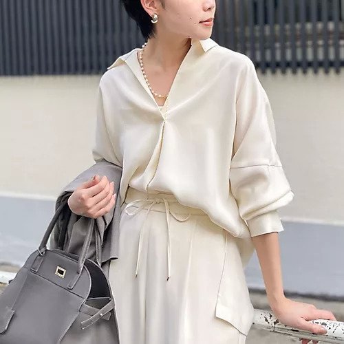 【ノーリーズソフィー/NOLLEY'S sophi】の《morisachiシリーズとセットアップ対応》ウォッシャブルダブルサテンスキッパーブラウス インテリア・キッズ・メンズ・レディースファッション・服の通販 founy(ファニー) 　ファッション　Fashion　レディースファッション　Fashion for Women　トップス・カットソー　Cut & Sew Tops　シャツ・ブラウス・オフィスカジュアル　Elegant Blouses & Button-Ups　2025年　2025　2025-2026秋冬・A/W　Autumn/Winter 2025–26 AW25–26　シンプル　Simple, Minimal　スキッパー　Skipper, Open Collar　セットアップ　Set-Up, Coordinated Outfit　フレンチ　French, French Style　フロント　Front, Front Design　キナリ|ID: prp329100004669676 ipo3291000000034483502