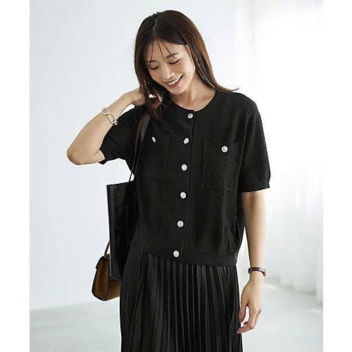 【スタイルデリ/STYLE DELI】の表面感のあるノーカラージャケット風カーデtops インテリア・キッズ・メンズ・レディースファッション・服の通販 founy(ファニー) 　ファッション　Fashion　レディースファッション　Fashion for Women　アウター　Coat / Outerwear Collection　レディースジャケット・軽アウター　Jackets　ノーカラージャケット / シンプル上品コーデ　Collarless Jackets　イエロー　Yellow　洗える　Machine Washable　秋　Autumn　カットソー　Cut and Sewn Top　カーディガン　Cardigan, Knitwear　シルバー　Silver, Metallic Silver　ジャケット　Jacket, Outerwear　ストレート　Straight, Straight Cut　スリット　Slit, Slit Detail　ツイード　Twill, Twill Weave　デニム　Denim, Jeans Material　定番　Standard, Basic Item　フロント　Front, Front Design　ポケット　Pocket, Pocket Detail　半袖　Short Sleeve, Half Sleeve　冬　Winter / This Winter　夏　Summer　エレガント 上品　Elegant　ブラック|ID: prp329100004683366 ipo3291000000033822529