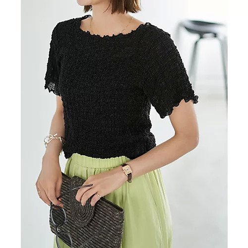 【スタイルデリ/STYLE DELI】の【LUXE】バブルカットソーの端っこメロウTシャツ インテリア・キッズ・メンズ・レディースファッション・服の通販 founy(ファニー) 　ファッション　Fashion　レディースファッション　Fashion for Women　トップス・カットソー　Cut & Sew Tops　シャツ・ブラウス・オフィスカジュアル　Elegant Blouses & Button-Ups　ロングTシャツ・Tシャツ　Longline T-Shirts & Tees　カットソー・ベーシックTシャツ　Cut-and-Sewn Tops / Stretch Tees & Basics　イエロー　Yellow　インナー　Innerwear　秋　Autumn　カットソー　Cut and Sewn Top　カーディガン　Cardigan, Knitwear　サロペット　Overalls, Salopette　シアー　Sheer, See-Through　ジャケット　Jacket, Outerwear　ストレート　Straight, Straight Cut　スリット　Slit, Slit Detail　定番　Standard, Basic Item　半袖　Short Sleeve, Half Sleeve　ラウンド　Round, Round Neck　夏　Summer　ブラック|ID: prp329100004686519 ipo3291000000033842196