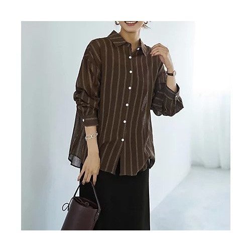 【スタイルデリ/STYLE DELI】の微シアー加工ストライプ柄シャツ インテリア・キッズ・メンズ・レディースファッション・服の通販 founy(ファニー) 　ファッション　Fashion　レディースファッション　Fashion for Women　トップス・カットソー　Cut & Sew Tops　シャツ・ブラウス・オフィスカジュアル　Elegant Blouses & Button-Ups　インナー　Innerwear　エアリー　Airy Texture　春　Spring　秋　Autumn　カーディガン　Cardigan, Knitwear　サロペット　Overalls, Salopette　シアー　Sheer, See-Through　ジャケット　Jacket, Outerwear　ストライプ　Stripe, Striped Pattern　ストレート　Straight, Straight Cut　スリット　Slit, Slit Detail　タンク　Tank Top, Sleeveless Top　タートル　Turtleneck, Turtle Collar　長袖　Long Sleeve, Full Sleeve　バランス　Balance, Style Balance　パール　Pearl, Pearl Accent　フロント　Front, Front Design　ポケット　Pocket, Pocket Detail　ラウンド　Round, Round Neck　ワイド　Wide, Wide Fit　冬　Winter / This Winter　S/S・春夏　SS, Spring/Summer, Warm Season　夏　Summer　ブラウン|ID: prp329100004691443 ipo3291000000033878205