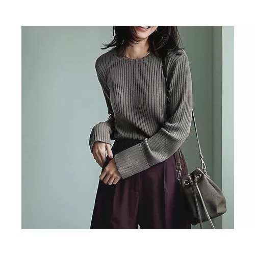 【スタイルデリ/STYLE DELI】のワイドリブ編みクルーネックトップス インテリア・キッズ・メンズ・レディースファッション・服の通販 founy(ファニー) 　ファッション　Fashion　レディースファッション　Fashion for Women　トップス・カットソー　Cut & Sew Tops　インナー　Innerwear　サロペット　Overalls, Salopette　スカーフ　Scarf, Neckwear　スタイリッシュ　Stylish, Fashionable　ストライプ　Stripe, Striped Pattern　定番　Standard, Basic Item　ハンカチ　Handkerchief, Hanky　バランス　Balance, Style Balance　フィット　Fit, Slim Fit　フェイス　Face, Facial Design　ベーシック　Basic, Essential　ボトルネック　Bottle Neck, Mock Neck　ポケット　Pocket, Pocket Detail　リブニット　Rib Knit, Ribbed Knit　ワイドリブ　Wide Rib, Wide Ribbed Knit　A/W・秋冬　Autumn/Winter　グレー|ID: prp329100004706784 ipo3291000000033994779