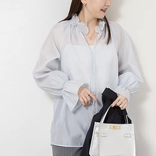 【ノーリーズソフィー/NOLLEY'S sophi】のウォッシャブルオーガンジーフリルブラウス インテリア・キッズ・メンズ・レディースファッション・服の通販 founy(ファニー) 　ファッション　Fashion　レディースファッション　Fashion for Women　トップス・カットソー　Cut & Sew Tops　シャツ・ブラウス・オフィスカジュアル　Elegant Blouses & Button-Ups　2025年　2025　2025-2026秋冬・A/W　Autumn/Winter 2025–26 AW25–26　オーガンジー　Organza Fabric　シャーリング　Shirring, Ruched　スリット　Slit, Slit Detail　スリーブ　Sleeve, Long Sleeve / Short Sleeve　タートル　Turtleneck, Turtle Collar　フォルム　Silhouette, Form　フリル　Frill, Ruffle　ロング　Long, Long-Length　A/W・秋冬　Autumn/Winter　サックス|ID: prp329100004763592 ipo3291000000034483488