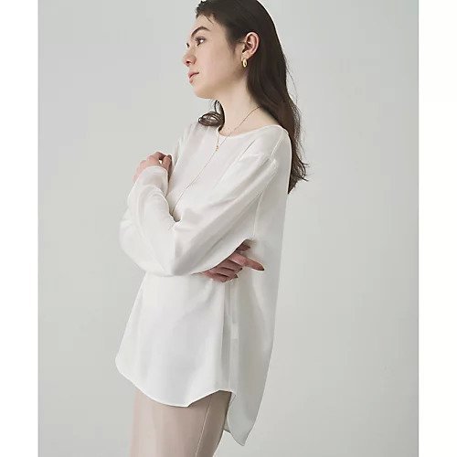 【ウィムガゼット/Whim Gazette】の【Drawing Numbers】サテンボートブラウス 人気、トレンドファッション・服の通販 founy(ファニー) 　ファッション　Fashion　レディースファッション　Fashion for Women　トップス・カットソー　Cut & Sew Tops　シャツ・ブラウス・オフィスカジュアル　Elegant Blouses & Button-Ups　おすすめ　Recommended / Our Picks　エレガント 上品　Elegant　サテン　Satin, Glossy Fabric　シルク　Silk, 100% Silk　シンプル　Simple, Minimal　スウェット / スエット　Sweatshirt, Sweatwear　ストレート　Straight, Straight Cut　デコルテ　Décolleté, Neckline　ラウンド　Round, Round Neck　ワイド　Wide, Wide Fit　定番　Standard, Basic Item　other-3|ID: prp329100004767368 ipo3291000000034525248