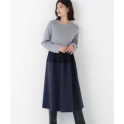 【ヒューマンウーマン/HUMAN WOMAN】のタフタドッキングOP インテリア・キッズ・メンズ・レディースファッション・服の通販 founy(ファニー) 　ファッション　Fashion　レディースファッション　Fashion for Women　ワンピース　Dresses　おすすめ　Recommended / Our Picks　カーディガン　Cardigan, Knitwear　コンパクト　Compact, Small Size　ジャケット　Jacket, Outerwear　スタンダード　Standard, Basic　タフタ　Taffeta, Structured Fabric　ドッキング　Docking, Mixed Material　フレア　Flare, Flared　グレー&#215;ネイビー|ID: prp329100004787024 ipo3291000000034745139