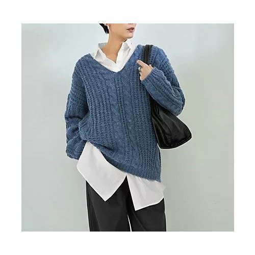 【スタイルデリ/STYLE DELI】のざっくりケーブル編みVネックニット インテリア・キッズ・メンズ・レディースファッション・服の通販 founy(ファニー) ファッション Fashion レディースファッション Fashion for Women トップス・カットソー Cut & Sew Tops ニット Knit Tops & Sweaters Vネックトップス V-Neck Tops / V-Cut Neckline Shirts 軽量 Lightweight, Ultra Light ジャケット Jacket, Outerwear ストライプ Stripe, Striped Pattern ストレート Straight, Straight Cut スリット Slit, Slit Detail タートル Turtleneck, Turtle Collar デコルテ Décolleté, Neckline デニム Denim, Jeans Material 長袖 Long Sleeve, Full Sleeve 冬 Winter / This Winter ブルー|ID: prp329100004800069 ipo3291000000034825468