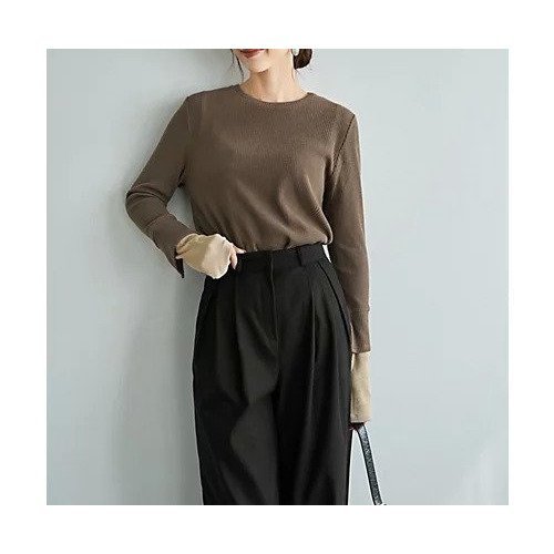 【スタイルデリ/STYLE DELI】のカラーレイヤードリブカットソートップス インテリア・キッズ・メンズ・レディースファッション・服の通販 founy(ファニー) 　ファッション　Fashion　レディースファッション　Fashion for Women　トップス・カットソー　Cut & Sew Tops　カットソー・ベーシックTシャツ　Cut-and-Sewn Tops / Stretch Tees & Basics　イエロー　Yellow　オレンジ　Orange　カットソー　Cut and Sewn Top　切替　Switching, Contrast Panel　サロペット　Overalls, Salopette　ジャケット　Jacket, Outerwear　ストレート　Straight, Straight Cut　スリット　Slit, Slit Detail　なめらか　Smooth, Silky Texture　長袖　Long Sleeve, Full Sleeve　ベスト　Vest, Waistcoat　ラウンド　Round, Round Neck　エレガント 上品　Elegant　カーキブラウン×ベージュ|ID: prp329100004812936 ipo3291000000034941365