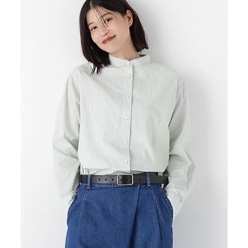 【ヒューマンウーマン/HUMAN WOMAN】のドビーストライプレースカラーブラウス インテリア・キッズ・メンズ・レディースファッション・服の通販 founy(ファニー) 　ファッション　Fashion　レディースファッション　Fashion for Women　トップス・カットソー　Cut & Sew Tops　シャツ・ブラウス・オフィスカジュアル　Elegant Blouses & Button-Ups　おすすめ　Recommended / Our Picks　カーディガン　Cardigan, Knitwear　ストライプ　Stripe, Striped Pattern　ビッグ　Big, Oversized　レース　Lace, Lace Fabric　春　Spring　ライトグリーンストライプ|ID: prp329100004819902 ipo3291000000035022911