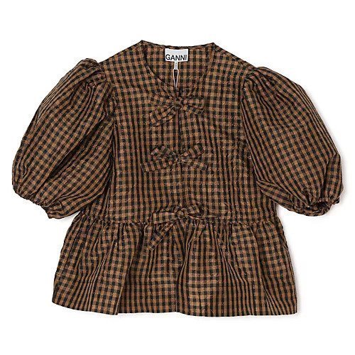 【ガニー/GANNI】のCrinkled Taffeta Check Peplum Blouse インテリア・キッズ・メンズ・レディースファッション・服の通販 founy(ファニー) 　ファッション　Fashion　レディースファッション　Fashion for Women　ギンガム　Gingham, Gingham Fabric　タフタ　Taffeta, Structured Fabric　チェック　Check, Plaid, Tartan　フリル　Frill, Ruffle　フロント　Front, Front Design　ペプラム　Peplum, Flared Hem　リボン　Ribbon, Bow　夏　Summer　Tobacco Brown|ID: prp329100004828995 ipo3291000000035145998