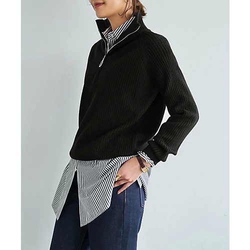 【スタイルデリ/STYLE DELI】のスタンドネックジップニットトップス インテリア・キッズ・メンズ・レディースファッション・服の通販 founy(ファニー) 　ファッション　Fashion　レディースファッション　Fashion for Women　トップス・カットソー　Cut & Sew Tops　ニット　Knit Tops & Sweaters　イエロー　Yellow　オーバル　Oval Design　カットソー　Cut and Sewn Top　シルバー　Silver, Metallic Silver　ジップ　Zip, Zipper　スタンド　Stand Collar, Upright Stand　スリット　Slit, Slit Detail　定番　Standard, Basic Item　なめらか　Smooth, Silky Texture　ネックレス　Necklace, Pendant Necklace　長袖　Long Sleeve, Full Sleeve　バランス　Balance, Style Balance　フォルム　Silhouette, Form　フロント　Front, Front Design　ブラウジング　Blouson Silhouette, Cinched Waist　ポケット　Pocket, Pocket Detail　メランジ　Melange, Mixed Yarn　ブラック|ID: prp329100004835319 ipo3291000000035220945