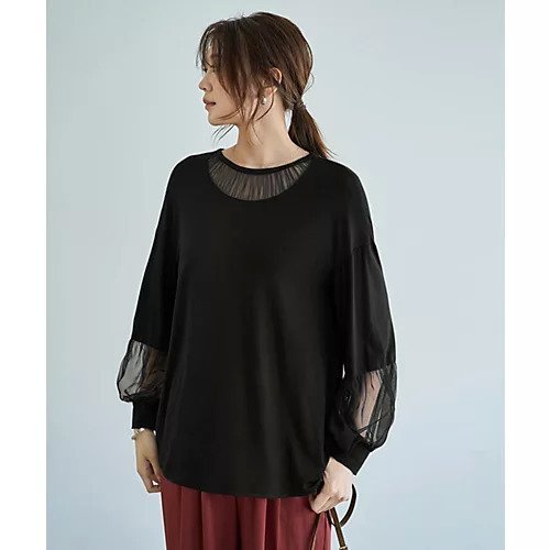 【スタイルデリ/STYLE DELI】の【Made in JAPAN】部分チュールのとろけるカットソートップス インテリア・キッズ・メンズ・レディースファッション・服の通販 founy(ファニー) 　ファッション　Fashion　レディースファッション　Fashion for Women　トップス・カットソー　Cut & Sew Tops　カットソー・ベーシックTシャツ　Cut-and-Sewn Tops / Stretch Tees & Basics　インナー　Innerwear　エアリー　Airy Texture　カットソー　Cut and Sewn Top　カーディガン　Cardigan, Knitwear　ギャザー　Gathered, Ruffled　シアー　Sheer, See-Through　ジャケット　Jacket, Outerwear　ストレート　Straight, Straight Cut　チュール　Tulip, Tulip Motif　デコルテ　Décolleté, Neckline　なめらか　Smooth, Silky Texture　長袖　Long Sleeve, Full Sleeve　バランス　Balance, Style Balance　プリーツ　Pleats, Pleated　防寒　Cold Protection, Winter-Ready　ラウンド　Round, Round Neck　リラックス　Relax, Relaxed Fit　日本製　Made In Japan　ブラック|ID: prp329100004838972 ipo3291000000035261355