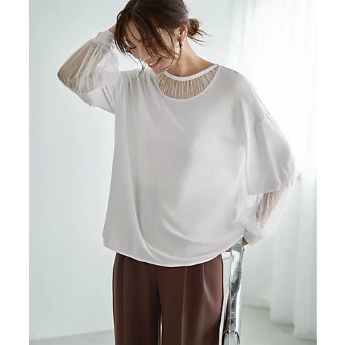 【スタイルデリ/STYLE DELI】の【Made in JAPAN】部分チュールのとろけるカットソートップス インテリア・キッズ・メンズ・レディースファッション・服の通販 founy(ファニー) 　ファッション　Fashion　レディースファッション　Fashion for Women　トップス・カットソー　Cut & Sew Tops　カットソー・ベーシックTシャツ　Cut-and-Sewn Tops / Stretch Tees & Basics　インナー　Innerwear　エアリー　Airy Texture　カットソー　Cut and Sewn Top　カーディガン　Cardigan, Knitwear　ギャザー　Gathered, Ruffled　シアー　Sheer, See-Through　ジャケット　Jacket, Outerwear　ストレート　Straight, Straight Cut　チュール　Tulip, Tulip Motif　デコルテ　Décolleté, Neckline　なめらか　Smooth, Silky Texture　長袖　Long Sleeve, Full Sleeve　バランス　Balance, Style Balance　プリーツ　Pleats, Pleated　防寒　Cold Protection, Winter-Ready　ラウンド　Round, Round Neck　リラックス　Relax, Relaxed Fit　日本製　Made In Japan　ホワイト|ID: prp329100004838972 ipo3291000000035261356