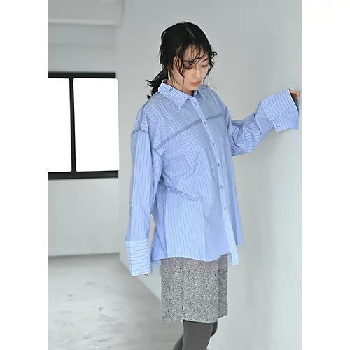 【スタイルデリ/STYLE DELI】の【BLK001】ブロード&ストライプチュールかぶせシャツ 人気、トレンドファッション・服の通販 founy(ファニー) 　ファッション　Fashion　レディースファッション　Fashion for Women　トップス・カットソー　Cut & Sew Tops　シャツ・ブラウス・オフィスカジュアル　Elegant Blouses & Button-Ups　インナー　Innerwear　春　Spring　秋　Autumn　シューズ　Shoes, Footwear　シンプル　Simple, Minimal　ストライプ　Stripe, Striped Pattern　チュール　Tulip, Tulip Motif　バランス　Balance, Style Balance　ブロード　Broadcloth, Fine Cotton　ベーシック　Basic, Essential　羽織　Haori, Light Jacket　マニッシュ　Mannish, Boyish　ロング　Long, Long-Length　ワイド　Wide, Wide Fit　おすすめ　Recommended / Our Picks　other-3|ID: prp329100004845633 ipo3291000000036334633