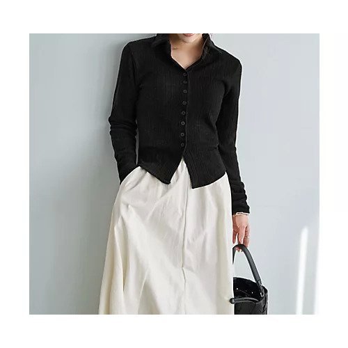 【スタイルデリ/STYLE DELI】のリブニットソー襟付きトップス インテリア・キッズ・メンズ・レディースファッション・服の通販 founy(ファニー) 　ファッション　Fashion　レディースファッション　Fashion for Women　トップス・カットソー　Cut & Sew Tops　ニット　Knit Tops & Sweaters　イエロー　Yellow　インナー　Innerwear　コンパクト　Compact, Small Size　サロペット　Overalls, Salopette　ジャケット　Jacket, Outerwear　スキッパー　Skipper, Open Collar　スタイリッシュ　Stylish, Fashionable　ストレート　Straight, Straight Cut　スリット　Slit, Slit Detail　定番　Standard, Basic Item　ニットソー　Knit-Sewn, Cut & Sew Knit　長袖　Long Sleeve, Full Sleeve　バランス　Balance, Style Balance　フィット　Fit, Slim Fit　フォルム　Silhouette, Form　ラウンド　Round, Round Neck　ワイド　Wide, Wide Fit　ブラック|ID: prp329100004848409 ipo3291000000035443498