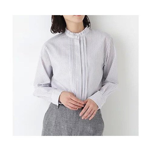 【ヒューマンウーマン/HUMAN WOMAN】の先染めストライプスタンドフリルブラウス 人気、トレンドファッション・服の通販 founy(ファニー) 　ファッション　Fashion　レディースファッション　Fashion for Women　トップス・カットソー　Cut & Sew Tops　シャツ・ブラウス・オフィスカジュアル　Elegant Blouses & Button-Ups　おすすめ　Recommended / Our Picks　インナー　Innerwear　クラシカル　Classical, Vintage-Inspired　スタンダード　Standard, Basic　ストライプ　Stripe, Striped Pattern　スリット　Slit, Slit Detail　フリル　Frill, Ruffle　 other-1|ID: prp329100004854942 ipo3291000000035739465