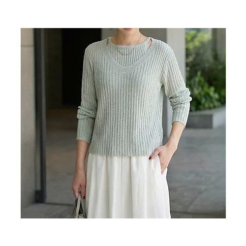 【スタイルデリ/STYLE DELI】のレイヤード風Vネックシアーニットトップス 人気、トレンドファッション・服の通販 founy(ファニー) 　ファッション　Fashion　レディースファッション　Fashion for Women　トップス・カットソー　Cut & Sew Tops　ニット　Knit Tops & Sweaters　Vネックトップス　V-Neck Tops / V-Cut Neckline Shirts　イエロー　Yellow　春　Spring　ストレート　Straight, Straight Cut　スリット　Slit, Slit Detail　定番　Standard, Basic Item　長袖　Long Sleeve, Full Sleeve　バランス　Balance, Style Balance　フィット　Fit, Slim Fit　フロント　Front, Front Design　S/S・春夏　SS, Spring/Summer, Warm Season　夏　Summer　エレガント 上品　Elegant　 other-1|ID: prp329100004870279 ipo3291000000036299181