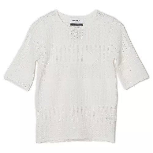 【ミュベール/MUVEIL】の柄編みニットソー インテリア・キッズ・メンズ・レディースファッション・服の通販 founy(ファニー) 　ファッション　Fashion　レディースファッション　Fashion for Women　トップス・カットソー　Cut & Sew Tops　ニット　Knit Tops & Sweaters　ニットソー　Knit-Sewn, Cut & Sew Knit　パッチワーク　Patchwork, Mixed Fabric　ポケット　Pocket, Pocket Detail　洗える　Machine Washable　white|ID: prp329100004870665 ipo3291000000036304405
