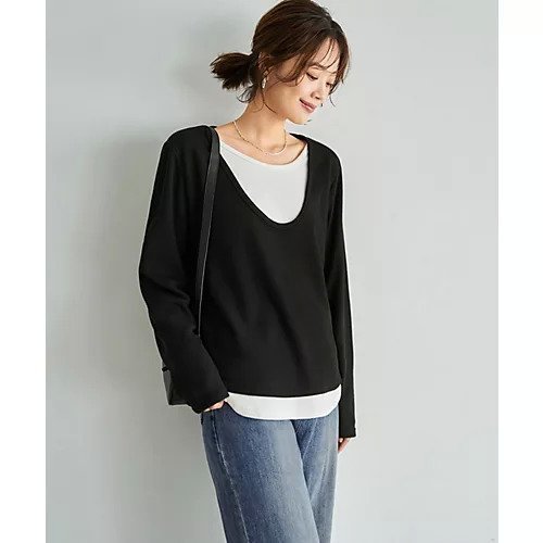 【スタイルデリ/STYLE DELI】のレイヤードUネックカットソートップス インテリア・キッズ・メンズ・レディースファッション・服の通販 founy(ファニー) 　ファッション　Fashion　レディースファッション　Fashion for Women　トップス・カットソー　Cut & Sew Tops　カットソー・ベーシックTシャツ　Cut-and-Sewn Tops / Stretch Tees & Basics　インナー　Innerwear　春　Spring　秋　Autumn　カットソー　Cut and Sewn Top　ストレート　Straight, Straight Cut　スリット　Slit, Slit Detail　デコルテ　Décolleté, Neckline　トレンド　Trend, Trending Now　定番　Standard, Basic Item　長袖　Long Sleeve, Full Sleeve　フィット　Fit, Slim Fit　フォルム　Silhouette, Form　ラウンド　Round, Round Neck　リラックス　Relax, Relaxed Fit　ブラック|ID: prp329100004879772 ipo3291000000036412512