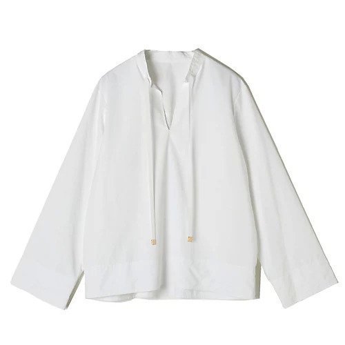 【イーバイエクラ/E by eclat】のバンドカラーキーネックシャツ インテリア・キッズ・メンズ・レディースファッション・服の通販 founy(ファニー) 　ファッション　Fashion　レディースファッション　Fashion for Women　トップス・カットソー　Cut & Sew Tops　シャツ・ブラウス・オフィスカジュアル　Elegant Blouses & Button-Ups　なめらか　Smooth, Silky Texture　タイプライター　Typewriter Fabric, Crisp Cotton　フォルム　Silhouette, Form　洗える　Machine Washable　ホワイト|ID: prp329100004880811 ipo3291000000036429057