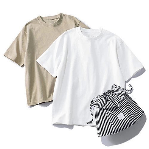 【トゥエルブクローゼット/12closet】の【洗える】大人に似合う・巾着つき USAコットンTシャツ(2枚入り) インテリア・キッズ・メンズ・レディースファッション・服の通販 founy(ファウニー) 　ファッション　Fashion　レディースファッション　Fashion for Women　トップス・カットソー　Cut & Sew Tops　シャツ・ブラウス・オフィスカジュアル　Elegant Blouses & Button-Ups　ロングTシャツ・Tシャツ　Longline T-Shirts & Tees　5月号　May Issue　スカーフ　Scarf, Neckwear　ストライプ　Stripe, Striped Pattern　ネックレス　Necklace, Pendant Necklace　フリル　Frill, Ruffle　ボックス　Boxy, Box Shape　巾着　Drawstring Bag, Kinchaku　洗える　Machine Washable　ホワイト&ベージュ 2枚組|ID: prp329100004885072 ipo3291000000037245083