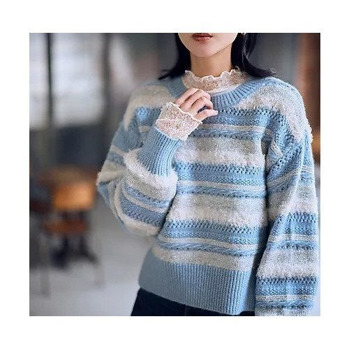 【エニー/ANY】のパターンボーダーニット インテリア・キッズ・メンズ・レディースファッション・服の通販 founy(ファニー) 　ファッション　Fashion　レディースファッション　Fashion for Women　トップス・カットソー　Cut & Sew Tops　ニット　Knit Tops & Sweaters　おすすめ　Recommended / Our Picks　コンパクト　Compact, Small Size　シンプル　Simple, Minimal　スパンコール　Sequins, Sequin Embellishment　バランス　Balance, Style Balance　フェザー　Feather, Feather Detail　ホリデーシーズン　Holiday Season　ボーダー　Border, Stripe　ワイド　Wide, Wide Fit　冬　Winter / This Winter　洗える　Machine Washable　ライトブルー系|ID: prp329100004898306 ipo3291000000036644095