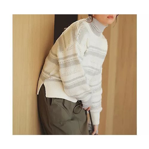 【エニー/ANY】のパターンボーダーニット 人気、トレンドファッション・服の通販 founy(ファニー) 　ファッション　Fashion　レディースファッション　Fashion for Women　トップス・カットソー　Cut & Sew Tops　ニット　Knit Tops & Sweaters　おすすめ　Recommended / Our Picks　コンパクト　Compact, Small Size　シンプル　Simple, Minimal　スパンコール　Sequins, Sequin Embellishment　バランス　Balance, Style Balance　フェザー　Feather, Feather Detail　ホリデーシーズン　Holiday Season　ボーダー　Border, Stripe　ワイド　Wide, Wide Fit　冬　Winter / This Winter　洗える　Machine Washable　other-2|ID: prp329100004898306 ipo3291000000036644097