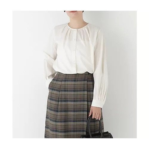 【ヒューマンウーマン/HUMAN WOMAN】のノーカラータックブラウス インテリア・キッズ・メンズ・レディースファッション・服の通販 founy(ファニー) 　ファッション　Fashion　レディースファッション　Fashion for Women　トップス・カットソー　Cut & Sew Tops　シャツ・ブラウス・オフィスカジュアル　Elegant Blouses & Button-Ups　おすすめ　Recommended / Our Picks　スタンダード　Standard, Basic　タイプライター　Typewriter Fabric, Crisp Cotton　タンブラー　Tumbler, Travel Mug　ボトム　Bottoms, Lower Wear　ランダム　Random, Irregular　ワッシャー　Washer, Crinkled Finish　ホワイト|ID: prp329100004916908 ipo3291000000036862749