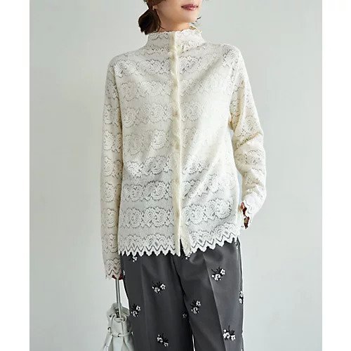 【スタイルデリ/STYLE DELI】の【LUXE】前開きふんわりレースブラウス 人気、トレンドファッション・服の通販 founy(ファニー) 　ファッション　Fashion　レディースファッション　Fashion for Women　トップス・カットソー　Cut & Sew Tops　シャツ・ブラウス・オフィスカジュアル　Elegant Blouses & Button-Ups　インナー　Innerwear　ジャケット　Jacket, Outerwear　スカラップ　Scallop, Scalloped Edge　ストレート　Straight, Straight Cut　スリット　Slit, Slit Detail　長袖　Long Sleeve, Full Sleeve　ハイネック　High Neck, Mock Neck　パール　Pearl, Pearl Accent　フロント　Front, Front Design　ペイズリー　Paisley, Ethnic Pattern　ボトルネック　Bottle Neck, Mock Neck　レース　Lace, Lace Fabric　other-2|ID: prp329100004918689 ipo3291000000036894316