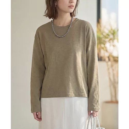 【スタイルデリ/STYLE DELI】のこなれたスラブ生地の下腹丈長袖Tシャツ インテリア・キッズ・メンズ・レディースファッション・服の通販 founy(ファニー) 　ファッション　Fashion　レディースファッション　Fashion for Women　トップス・カットソー　Cut & Sew Tops　シャツ・ブラウス・オフィスカジュアル　Elegant Blouses & Button-Ups　ロングTシャツ・Tシャツ　Longline T-Shirts & Tees　イエロー　Yellow　シンプル　Simple, Minimal　定番　Standard, Basic Item　長袖　Long Sleeve, Full Sleeve　フォルム　Silhouette, Form　マキシ　Maxi, Full Length　レース　Lace, Lace Fabric　ロング　Long, Long-Length　ワイド　Wide, Wide Fit　夏　Summer　カーキ|ID: prp329100004919706 ipo3291000000036910196