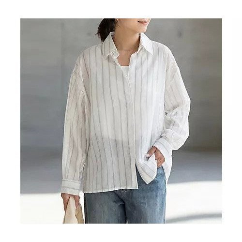 【スタイルデリ/STYLE DELI】のエアリーストライプ柄シャツ インテリア・キッズ・メンズ・レディースファッション・服の通販 founy(ファニー) 　ファッション　Fashion　レディースファッション　Fashion for Women　トップス・カットソー　Cut & Sew Tops　シャツ・ブラウス・オフィスカジュアル　Elegant Blouses & Button-Ups　イエロー　Yellow　インナー　Innerwear　エアリー　Airy Texture　春　Spring　カフス　Cuff Design　サロペット　Overalls, Salopette　シアー　Sheer, See-Through　ストライプ　Stripe, Striped Pattern　ストレート　Straight, Straight Cut　スリット　Slit, Slit Detail　長袖　Long Sleeve, Full Sleeve　バランス　Balance, Style Balance　パール　Pearl, Pearl Accent　フロント　Front, Front Design　ポケット　Pocket, Pocket Detail　ラウンド　Round, Round Neck　ラベンダー　Lavender　S/S・春夏　SS, Spring/Summer, Warm Season　夏　Summer　ホワイト|ID: prp329100004919764 ipo3291000000036910544