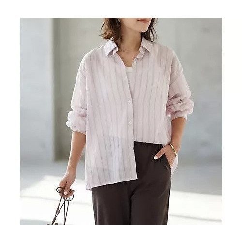 【スタイルデリ/STYLE DELI】のエアリーストライプ柄シャツ 人気、トレンドファッション・服の通販 founy(ファニー) 　ファッション　Fashion　レディースファッション　Fashion for Women　トップス・カットソー　Cut & Sew Tops　シャツ・ブラウス・オフィスカジュアル　Elegant Blouses & Button-Ups　イエロー　Yellow　インナー　Innerwear　エアリー　Airy Texture　春　Spring　カフス　Cuff Design　サロペット　Overalls, Salopette　シアー　Sheer, See-Through　ストライプ　Stripe, Striped Pattern　ストレート　Straight, Straight Cut　スリット　Slit, Slit Detail　長袖　Long Sleeve, Full Sleeve　バランス　Balance, Style Balance　パール　Pearl, Pearl Accent　フロント　Front, Front Design　ポケット　Pocket, Pocket Detail　ラウンド　Round, Round Neck　ラベンダー　Lavender　S/S・春夏　SS, Spring/Summer, Warm Season　夏　Summer　other-2|ID: prp329100004919764 ipo3291000000036910545